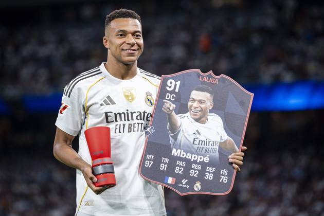 REAL MADRID CF v VILLARREAL CF. LA LIGA 2025 2026. ROUND 8. Real Madrid CF™s Kylian Mbappe celebrates the MVP of September during La Liga match. October 4, 2025. (ALTERPHOTOS Toni Garrido) MadridSpain Copyright: xTonixGarridox