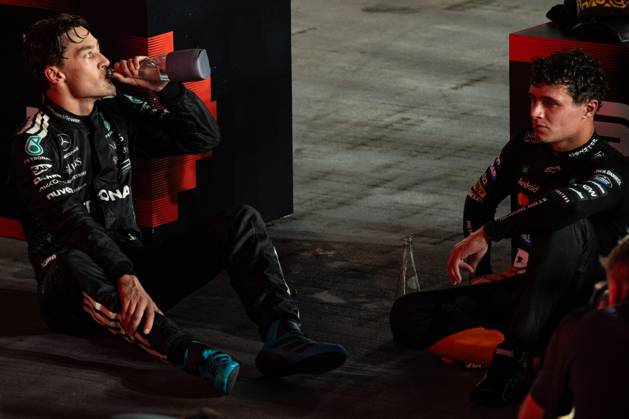 Formula 1 Singapore Grand Prix SINGAPORE, SINGAPORE - OCTOBER 5: George Russell from Mercedes (L) and Lando Norris from McLaren (R) sit from exhaustion after the Formula 1 Singapore Grand Prix at the Marina Bay Street Circuit in Singapore on October 5, 2025. More than 300,000 fans turned out over race weekend according to the organisers. Zakaria Zainal Anadolu Singapore Singapore. Editorial use only. Please get in touch for any other usage. Copyright: x2025xAnadoluxZakariaxZainalx