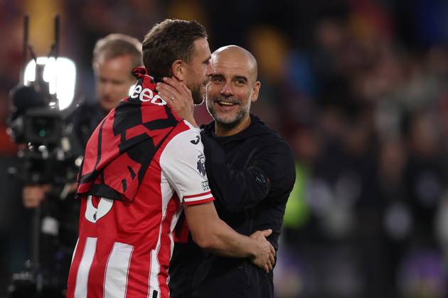 London, England, 5th October 2025. Jordan Henderson of Brentford and Josep Guardiola, Manager of Manchester City after the Brentford vs Manchester City Premier League match at Gtech Community Stadium, London. Picture credit should read: Paul Terry Sportimage EDITORIAL USE ONLY. No use with unauthorised audio, video, data, fixture lists, club league logos or live services. Online in-match use limited to 120 images, no video emulation. No use in betting, games or single club league player publications. SPI_040_PT_Brentford_Man_City SPI-4202-0040