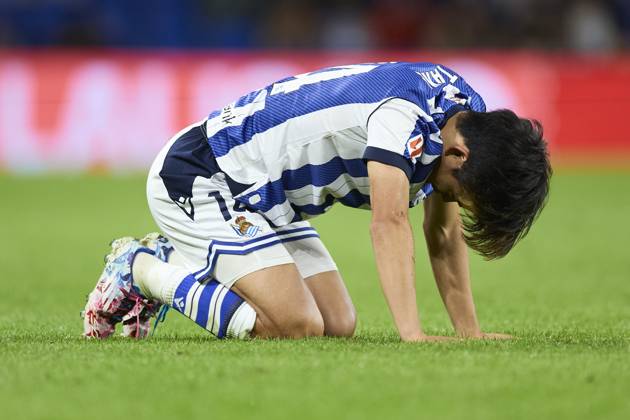 October 5, 2025, San Sebastian, Guipuzcoa, SPAIN: Takefusa Kubo of Real Sociedad reacts during the LaLiga EA Sports match between Real Sociedad and Rayo Vallecano at Anoeta on October 5, 2025, in San Sebastian, Spain. San Sebastian SPAIN - ZUMAa181 20251005_zaa_a181_270 Copyright: xRicardoxLarreinax