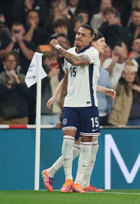 London, England, 9th October 2025. Morgan Rogers of England celebrates scoring the first goal during the England vs Wales International Friendly, Länderspiel, Nationalmannschaft match at Wembley Stadium, London. Picture credit should read: Paul Terry Sportimage EDITORIAL USE ONLY. No use with unauthorised audio, video, data, fixture lists, club league logos or live services. Online in-match use limited to 120 images, no video emulation. No use in betting, games or single club league player publications. SPI_015_PT_Eng_Wal SPI-4207-0034