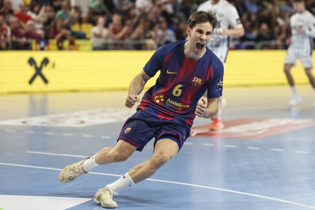 October 9, 2025, Barcelona, Barcelona, SPAIN: Daniel Jimenez of FC Barcelona, Barca celebrates a goal during the EHF Champions League 2025 26 group phase, handball match played between FC Barcelona and OTP Bank - Pick Szeged at Palau Blaugrana on October 09, 2025 in Barcelona, Spain. Barcelona SPAIN - ZUMAa181 20251009_zaa_a181_361 Copyright: xJavierxBorregox