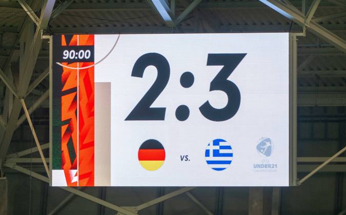 Soccer, Youth, Season 2025 26, U21, European Championship Qualification Group F 4 Matchday in Jena Germany Greece, Scoreboard with 2 3 Final Score, 10 10 2025, Copyright: xMatthiasxKochx