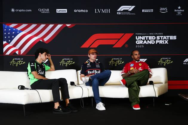 F1 - UNITED STATES GRAND PRIX 2025 BORTOLETO Gabriel (bra), Stake F1 Team Kick C45, portrait, VERSTAPPEN Max (ned), Red Bull Racing RB21, portrait and HAMILTON Lewis (gbr), Scuderia Ferrari SF-25, portrait press conference, PK, Pressekonferenz during the 2025 Formula 1 United States Grand Prix, 19th round of the 2025 FIA Formula One World Championship, WM, Weltmeisterschaft from October 17 to 19, 2025 on the Circuit of the Americas, in Austin, Texas, United States of America - AustinUnited States Copyright: xEricxAlonsox