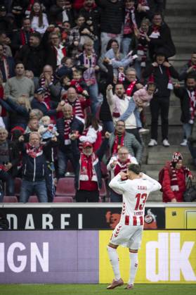 KOELN, GERMANY - OCTOBER 18: Said el Mala (1. FC Koeln, 13) is celebrating with the fans after his 1:1 goal during the Bundesliga match between 1. FC Koeln vs. FC Augsburg at the Rheinenergie-Stadion on matchday 7 of the 1. Bundesliga on October 18, 2025 in Koeln, Germany. DFL REGULATIONS PROHIBIT ANY USE OF PHOTOGRAPHS AS IMAGE SEQUENCES AND OR QUASI-VIDEO. Nordrhein-Westfalen Germany Copyright: xBEAUTIFULxSPORTS AxelxKohringx