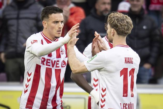 KOELN, GERMANY - OCTOBER 18: Said el Mala (1. FC Koeln, 13) is celebrating with Florian Kainz (1. FC Koeln, 11) after his 1:1 goal during the Bundesliga match between 1. FC Koeln vs. FC Augsburg at the Rheinenergie-Stadion on matchday 7 of the 1. Bundesliga on October 18, 2025 in Koeln, Germany. DFL REGULATIONS PROHIBIT ANY USE OF PHOTOGRAPHS AS IMAGE SEQUENCES AND OR QUASI-VIDEO. Nordrhein-Westfalen Germany Copyright: xBEAUTIFULxSPORTS AxelxKohringx