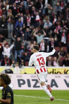 KOELN, GERMANY - OCTOBER 18: Said el Mala (1. FC Koeln, 13) turns cheering towards the fans after his goal during the Bundesliga match between 1. FC Koeln vs. FC Augsburg at the Rheinenergie-Stadion on matchday 7 of the 1. Bundesliga on October 18, 2025 in Koeln, Germany. DFL REGULATIONS PROHIBIT ANY USE OF PHOTOGRAPHS AS IMAGE SEQUENCES AND OR QUASI-VIDEO. Nordrhein-Westfalen Germany Copyright: xBEAUTIFULxSPORTS AxelxKohringx