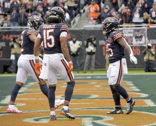 Chicago Bears running back Kyle Monangai (25) celebrates his second quarter touchdown against the New Orleans Saints at Soldier Field in Chicago on Sunday, October 19, 2025. CHI20251019105 MARKxBLACK