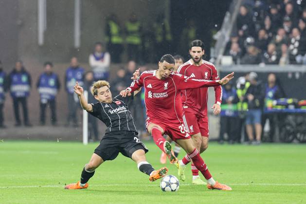 Ritsu Doan Eintracht Frankfurt,20 and Hugo Ekitike Liverpool FC, 22 in a duel UEFA Champions League, Matchday 3 Eintracht Frankfurt FC Liverpool on 22 10 25 at Deutsche Bank Park, Frankfurt Frankfurt Deutsche Bank Park Frankfurt Germany Copyright: xAlfioxMarinox