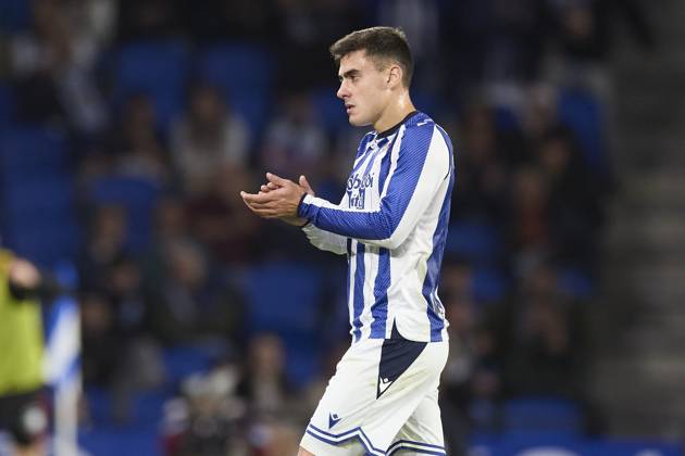 October 24, 2025, San Sebastian, Guipuzcoa, SPAIN: Ander Barrenetxea of Real Sociedad reacts during the LaLiga EA Sports match between Real Sociedad and Sevilla FC at Anoeta on October 24, 2025, in San Sebastian, Spain. San Sebastian SPAIN - ZUMAa181 20251024_zaa_a181_103 Copyright: xRicardoxLarreinax