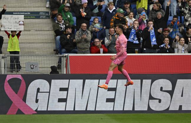 GOAL for 1 0 Fisnik Asllani TSG 1899 Hoffenheim 11 goal celebration Pink violet jersey special jersey campaign TOGETHER AGAINST BREAST CANCER TSG 1899 Hoffenheim in the background perimeter advertising logo TSG 1899 Hoffenheim vs 1 FC Heidenheim 1846 FCH 25 10 2025 DFL REGULATIONS PROHIBIT ANY USE OF PHOTOGRAPHS AS IMAGE SEQUENCES AND OR QUASI VIDEO TSG 1899 Hoffenheim vs 1 FC Heidenheim 1846 FCH
