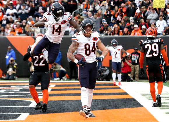 Chicago Bears tight end Colston Loveland (84) celebrates his touchdown catch with wide receiver Olamide Zaccheaus (14) against the Cincinnati Bengals during the second half of play at Paycor Stadium on Sunday, November 2, 2025 in Cincinnati, Ohio. KYP20251102015 JOHNxSOMMERSxII