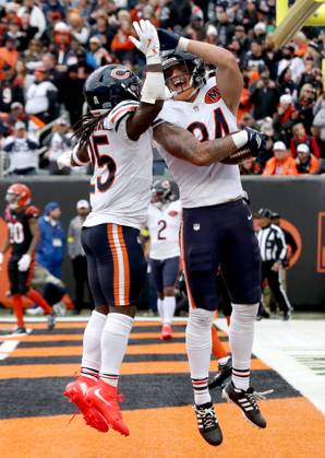 Chicago Bears tight end Colston Loveland (84) celebrates his touchdown catch with running back Kyle Monangai (25) against the Cincinnati Bengals during the second half of play at Paycor Stadium on Sunday, November 2, 2025 in Cincinnati, Ohio. KYP20251102016 JOHNxSOMMERSxII