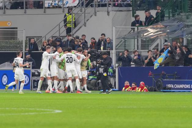 Goal celebration, Emotions, Goal shot, Goal, Goal, Goal, Fans in the stands with Kazakhstan flag, Italy, Football, UEFA Champions League, Matchday 4, League phase, 2025 2026, Inter Milan vs FC Kairat Almaty, 05 11 2025, Giuseppe Meazza Stadium, San Siro, Milan, Italy Milan Giuseppe Meazza Stadium, San Sir Lombardy Italy Copyright: xArnexAmbergx