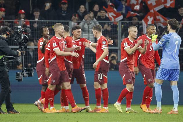 Goal celebration Switzerland at 4 1 by Johan Manzambi Switzerland, 09 , Switzerland, FIFA, World Cup Qualification Europe, Group B , Switzerland vs Sweden, 15 11 2025, Stade de Geneve, Geneva, Switzerland Geneva Stade de Geneve Canton Geneva Switzerland Copyright: xGrantxHubbsx