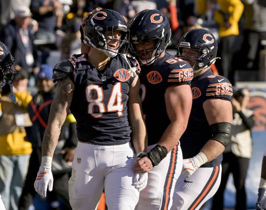Chicago Bears tight end Colston Loveland (84) celebrates his second quarter touchdown against the Pittsburgh Steelers at Soldier Field in Chicago on Sunday, November 23, 2025. CHI20251123111 MARKxBLACK