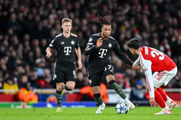 Joshua Kimmich Bayern Munich , Michael Olise Bayern Munich and Martin Zubimendi Arsenal FC battle for the ball during the UEFA Champions League 2025 26 League Phase MD5 match between Arsenal FC and FC Bayern Munich at Arsenal Stadium on November 26, 2025 in London, United Kingdom Photo by Harry Langer DeFodi Images