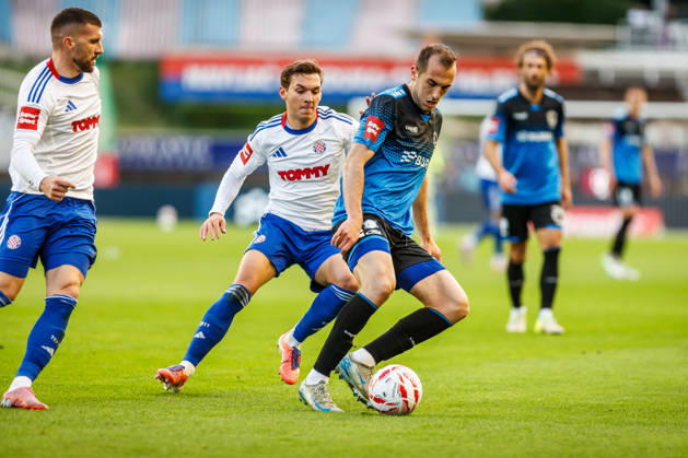 SuperSport HNL, round 15: HNK Hajduk Split v NK Varazdin Ante Rebic of HNK Hajduk Split, Niko Kristian Sigur of HNK Hajduk Split and Luka Mamic of NK Varazdin during the SuperSport HNL 2025. 2026. round 15 match between HNK Hajduk Split and NK Varazdin at Poljud Stadium in Split, Croatia on November 29, 2025.  ZvonimirxBarisin PIXSELL