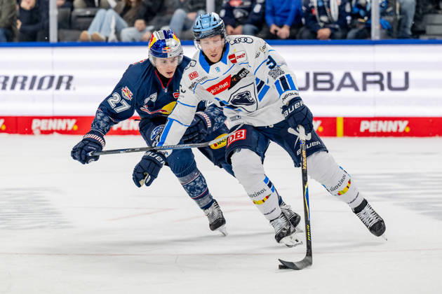 Fight for the puck duel between Veit Oswald EHC Red Bull Muenchen, 27 and Myles Powell ERC Ingolstadt, 9 GER, EHC Red Bull Muenchen vs ERC Ingolstadt, Ice Hockey, DEL, 25 Matchday, Season 2025 2026, 05 12 2025 GER, EHC Red Bull Muenchen vs ERC Ingolstadt, Ice Hockey, DEL, 25 Matchday, Season 2025 2026, 05 12 2025 Muenchen Copyright: xEibner-Pressefoto HeikexFeinerx EP_HFR