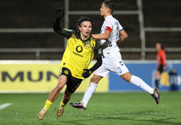 Saturday 06 12 2025, Season 2025 26, Regionalliga West, Matchday 18 at Stadion Rote Erde Dortmund, BVB Borussia Dortmund II SC Paderborn U23, Dortmund goal celebration for 1 0 Babis Charalampos Drakas BVB II