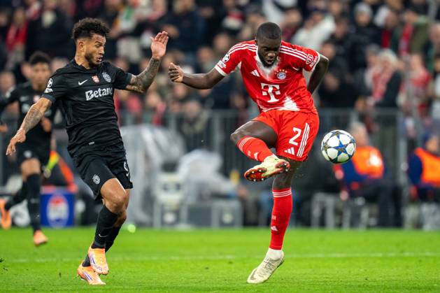 in duel, action, with Dayot Upamecano 2 FC Bayern Muenchen , FC Bayern Muenchen vs Sporting Lisbon, Soccer, Champions League, Matchday 6, 09 12 2025 Muenchen Bayern Germany Copyright: xkolbert-press MarcxMarasescux