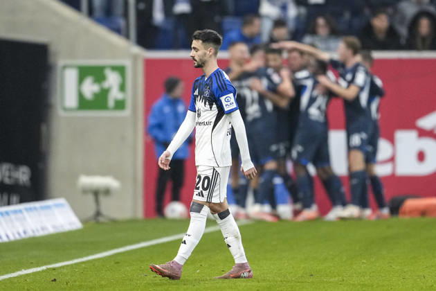 Fabio Vieira HSV, 20 , Player of Hamburger SV HSV , looking disappointed, disappointment, frustration, disappointed, pessimistic, after the conceded goal to 2 0, action, action scene, 13 12 2025, Sinsheim Germany , Football, Bundesliga, TSG 1899 Hoffenheim Hamburger SV, DFB DFL REGULATIONS PROHIBIT ANY USE OF PHOTOGRAPHS AS IMAGE SEQUENCES AND OR QUASI VIDEO xozx
