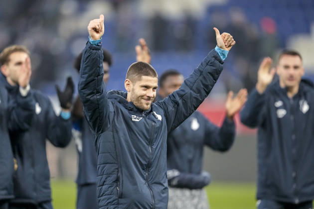 Andrej Kramaric Hoffenheim, 27 , player of TSG 1899 Hoffenheim, cheering after the final whistle, joy about the victory, winner, winner, cheers, cheering, cheerful, positive, happy, rejoicing, optimistic, highlight, action, 13 12 2025, Sinsheim Germany , football, Bundesliga, TSG 1899 Hoffenheim Hamburger SV, DFB DFL REGULATIONS PROHIBIT ANY USE OF PHOTOGRAPHS AS IMAGE SEQUENCES AND OR QUASI VIDEO xozx