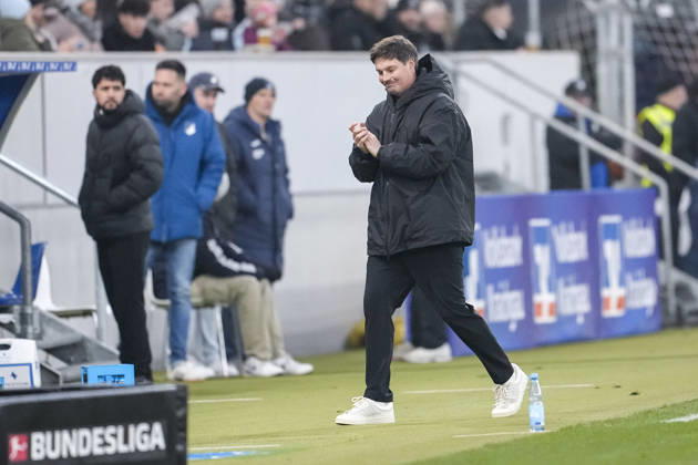 Merlin Polzin coach, head coach, HSV , cropped image, full body, single image, single photo, action, action looking disappointed, disappointment, frustration, disappointed, pessimistic, on the sidelines, 13 12 2025, Sinsheim Germany , football, Bundesliga, TSG 1899 Hoffenheim Hamburger SV, DFB DFL REGULATIONS PROHIBIT ANY USE OF PHOTOGRAPHS AS IMAGE SEQUENCES AND OR QUASI VIDEO xozx