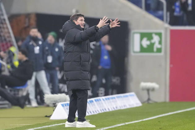 Merlin Polzin coach, head coach, HSV , gives instructions, gestures, gesticulates with arms, cropped, full body, single image, single photo, action, action, on the sidelines, 13 12 2025, Sinsheim Germany , Football, Bundesliga, TSG 1899 Hoffenheim Hamburger SV, DFB DFL REGULATIONS PROHIBIT ANY USE OF PHOTOGRAPHS AS IMAGE SEQUENCES AND OR QUASI VIDEO xozx