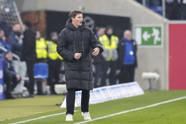 Merlin Polzin coach, head coach, HSV , gives instructions, gestures, gesticulates with arms, cropped, full body, single image, single photo, action, action, on the sidelines, 13 12 2025, Sinsheim Germany , Football, Bundesliga, TSG 1899 Hoffenheim Hamburger SV, DFB DFL REGULATIONS PROHIBIT ANY USE OF PHOTOGRAPHS AS IMAGE SEQUENCES AND OR QUASI VIDEO xozx