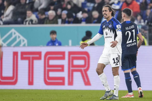 Yussuf Poulsen HSV, 15 , Player of Hamburger SV HSV , looking disappointed, disappointment, frustration, disappointed, pessimistic, action, action scene, 13 12 2025, Sinsheim Germany , Football, Bundesliga, TSG 1899 Hoffenheim Hamburger SV, DFB DFL REGULATIONS PROHIBIT ANY USE OF PHOTOGRAPHS AS IMAGE SEQUENCES AND OR QUASI VIDEO xozx
