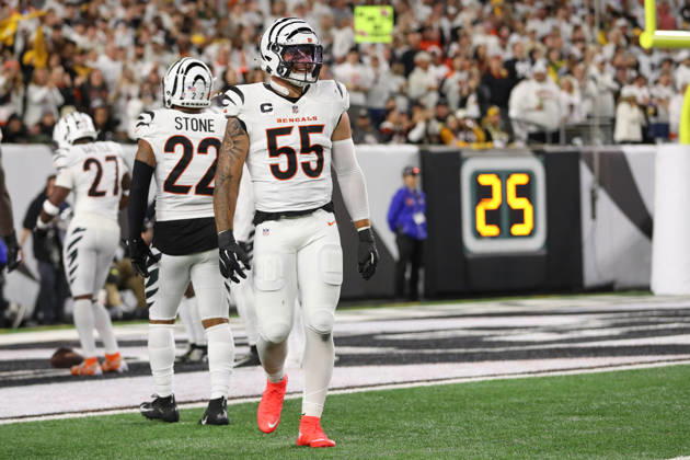 CINCINNATI, OH - OCTOBER 16: Cincinnati Bengals linebacker Logan Wilson (55) during the game against the Pittsburgh Steelers and the Cincinnati Bengals on October 16, 2025, at Paycor Stadium in Cincinnati, OH. (Photo by Ian Johnson Icon Sportswire) NFL, American Football Herren, USA OCT 16 Steelers at Bengals EDITORIAL USE ONLY Icon251016065
