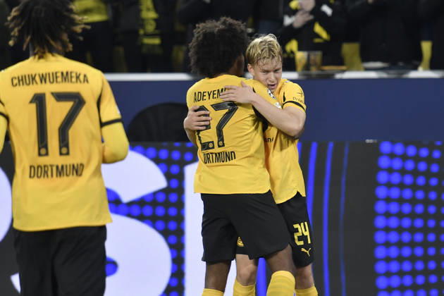 Daniel Svensson Dortmund 24 celebrates after scoring the 1-0 goal with Karim Adeyemi Dortmund 27 01 10 2025 Soccer, Champions League, Borussia Dortmund vs Athletic Club de Bilbao, Signal Iduna Park, Dortmund, Copyright: xpepphotox xSaschaxWeizx pep00321, pep_20250415_hm_150990