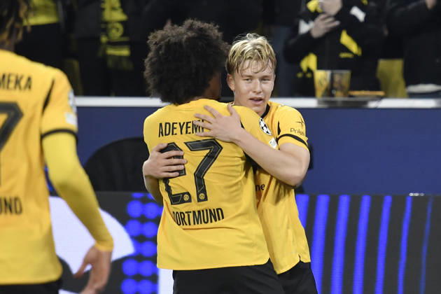 Daniel Svensson Dortmund 24 celebrates after scoring the 1-0 goal with Karim Adeyemi Dortmund 27 01 10 2025 Soccer, Champions League, Borussia Dortmund vs Athletic Club de Bilbao, Signal Iduna Park, Dortmund, Copyright: xpepphotox xSaschaxWeizx pep00321, pep_20250415_hm_150992