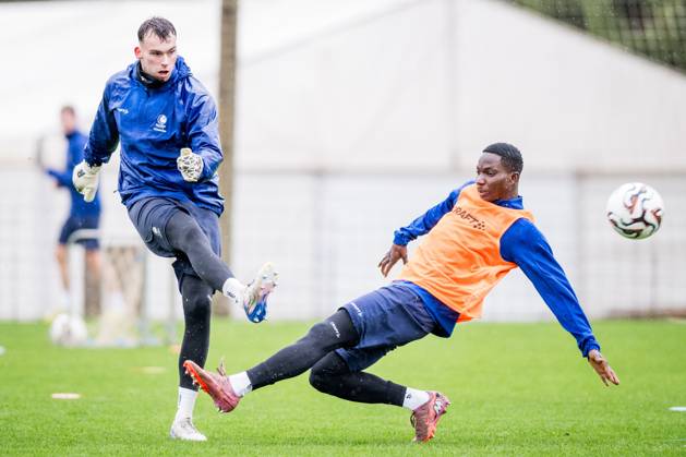 Gent s goalkeeper Kjell Peersman and Gent s Abdullahi Abubakar Idris fight for the ball during the winter training camp of Belgian soccer team KAA Gent, in Oliva, Spain, Monday 05 January 2026. JASPERxJACOBS  x153740793x