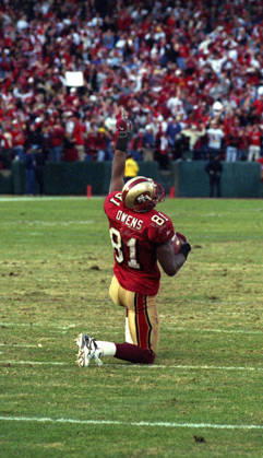 January 3, 1999 - San Francisco, California, U.S - San Francisco 49ers vs. Green Bay Packers Candlestick Park Sunday, January 3, 1999. 49ers beat Packers 30-27. San Francisco 49ers wide receiver Terrell Owens (81) celebrates touchdown midfield. Copyright: xAlxGolubx