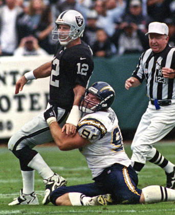 November 14, 1999 - Oakland, California, U.S - Oakland Raiders vs. San Diego Chargers at Oakland Alameda County Coliseum Sunday, November 14, 1999. Raiders beat Chargers 28-9. San Diego Chargers defensive tackle Mike Mohring (98) and Oakland Raiders quarterback Rich Gannon Copyright: xAlxGolubx