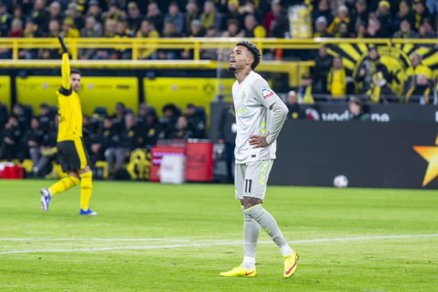 13 01 2026 Football Borussia Dortmund SV Werder Bremen, Matchday 17 at Signal Iduna Park Justin Njinmah Werder Bremen reacts IMPORTANT NOTE In accordance with the regulations of the DFL and the DFB, it is prohibited to use or have used photographs taken in the stadium and or of the match in the form of sequential images and or video-like photo series Copyright: xDavidxInderliedx