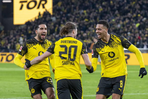 13 01 2026 Football Borussia Dortmund SV Werder Bremen, Matchday 17 at Signal Iduna Park Emre Can Borussia Borussia Dortmund , Marcel Sabitzer Borussia Dortmund and Felix Nmecha Borussia Dortmund cheer after his goal for 2 0 IMPORTANT NOTICE According to the regulations of the DFL and the DFB, it is prohibited to use or have used photographs taken in the stadium and or of the match in the form of sequential images and or video-like photo series Copyright: xDavidxInderliedx