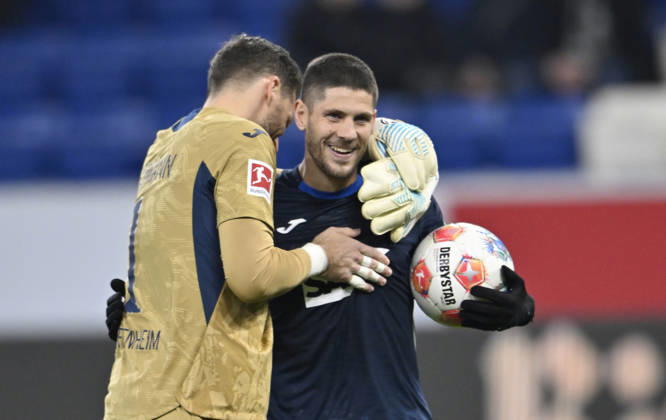 after the end of the match final cheers, joy, happiness, jubilation Goalkeeper Oliver Baumann TSG 1899 Hoffenheim 01 Andrej Kramaric TSG 1899 Hoffenheim 27 TSG 1899 Hoffenheim vs Borussia Moenchengladbach BMG 14 01 2026 DFL REGULATIONS PROHIBIT ANY USE OF PHOTOGRAPHS AS IMAGE SEQUENCES AND OR QUASI VIDEO TSG 1899 Hoffenheim vs Borussia Moenchengladbach BMG Sinsheim Copyright: xEibner-Pressefotox EP_MWI