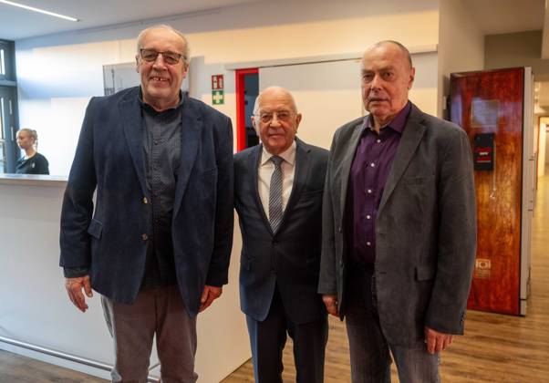 Soccer, Men, Season 2025 2026, 1 Bundesliga, 1 FC Union Berlin, Former coach Heinz Werner celebrates his 90th birthday 27 12 in the VIP area at the stadium An der Alten Försterei, from left former goalkeeper Wolfgang Potti Matthies, Heinz Werner and former captain Joachim Bulle Sigusch, 16 01 2026, Copyright: xMatthiasxKochx