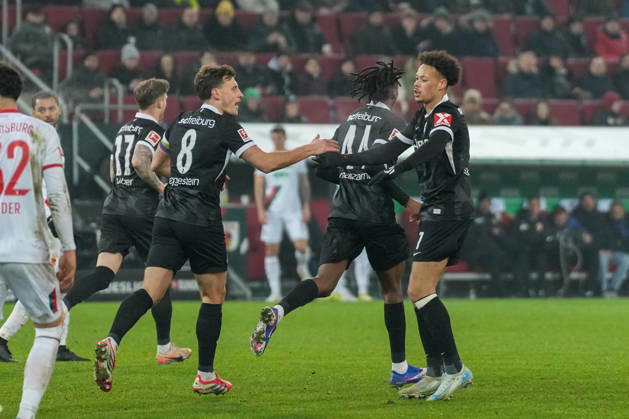 Maximilian Eggestein SC Freiburg, 08 and Derry Scherhant SC Freiburg, 07 Goal celebration, Emotions, Goal shot, Goal, Goal, Goal, Germany, Football, 1 Bundesliga, 18 Matchday, 2025 2026, FC Augsburg vs SC Freiburg, 18 01 2026, WWK Arena, Augsburg, Germany DFL REGULATIONS PROHIBIT ANY USE OF PHOTOGRAPHS AS IMAGE SEQUENCES AND OR QUASI VIDEO Augsburg WWK Arena Bayern Germany Copyright: xArnexAmbergx