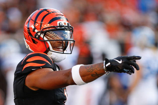 CINCINNATI, OH - OCTOBER 05: Cincinnati Bengals wide receiver Ja Marr Chase (1) reacts during the game against the Detroit Lions and the Cincinnati Bengals on October 5, 2025, at Paycor Stadium in Cincinnati, OH. (Photo by Ian Johnson Icon Sportswire) NFL, American Football Herren, USA OCT 05 Lions at Bengals EDITORIAL USE ONLY Icon251005026