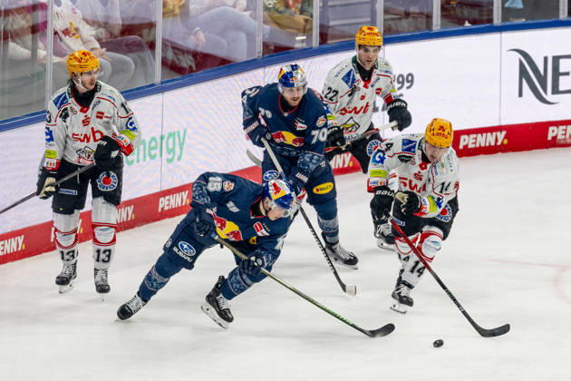 Battle for the puck duel between Nikolaus Heigl EHC Red Bull Muenchen, 15 and Ross Mauermann Fischtown Pinguins Bremerhaven, 14 GER, EHC Red Bull Muenchen vs Fischtown Pinguins Bremerhaven, Ice Hockey, DEL, Matchday 42, Season 2025 2026, 23 01 2026 GER, EHC Red Bull Muenchen vs Fischtown Pinguins Bremerhaven, Ice Hockey, DEL, Matchday 42, Season 2025 2026, 23 01 2026 Muenchen Copyright: xEibner-Pressefoto HeikexFeinerx EP_HFR