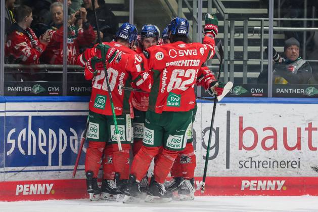 the team celebrates the goal of Kyle Mayhew 27 Augsburger Panther to 2 1, Augsburger Panther vs Eisbaeren Berlin, 44 Spieltag, Eishockey, Penny DEL, 27 01 2026 Augsburg Bayern Germany Copyright: xkolbert-press DunjaxDietrichx
