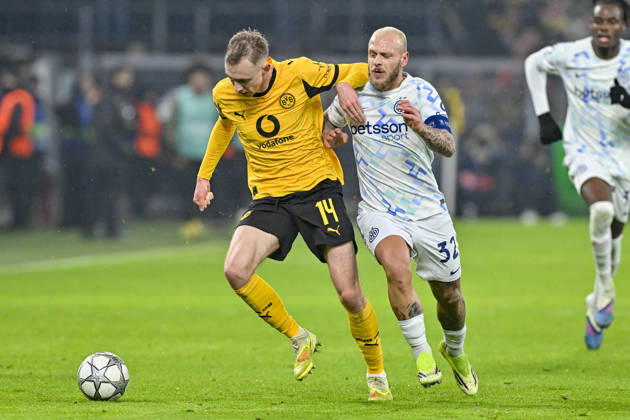 from left in duel Maximilian Beier Dortmund 14 Federico Dimarco Inter 32 28 01 2026 Football, Champions League, Borussia Dortmund vs Inter Milan , Signal Iduna Park, Dortmund, Copyright: xpepphotox xHorstxMauelshagenx pep00321, pep_20260128_hm_262781