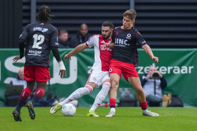 ROTTERDAM , 01-02-2026 , Stadium Woudestein , season 2025 2026 , Dutch Eredivisie football , match between Excelsior Rotterdam and Ajax , picture shows Ajax player Josip Sutalo, Excelsior Rotterdam player Noah Naujoks Excelsior - Ajax x201236764x Copyright: