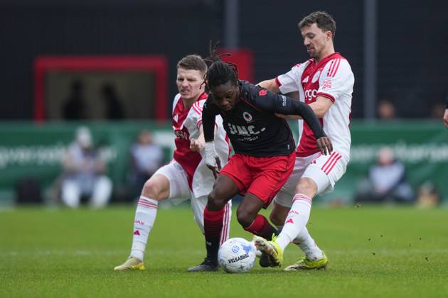 ROTTERDAM , 01-02-2026 , Stadium Woudestein , season 2025 2026 , Dutch Eredivisie football , match between Excelsior Rotterdam and Ajax , picture shows Ajax player Anton Gaaei, Excelsior Rotterdam player Arthur Zagre, Ajax player Youri Regeer Excelsior - Ajax x201236930x Copyright:
