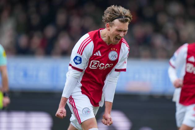 ROTTERDAM , 01-02-2026 , Stadium Woudestein , season 2025 2026 , Dutch Eredivisie football , match between Excelsior Rotterdam and Ajax , picture shows Ajax player Mika Godts celebrating the 0-1 Excelsior - Ajax x201237281x Copyright: