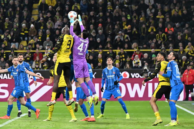 Serhou Guirassy Borussia Dortmund and goalkeeper Diant Ramaj 1 FC Heidenheim battle for the ball before the goal during the Bundesliga match between Borussia Dortmund and 1 FC Heidenheim 1846, Signal Iduna Park on February 01, 2026 in Dortmund, Germany, Germany Photo by Ralf Treese DeFodi Images Serhou Guirassy Borussia Dortmund and goalkeeper Diant Ramaj 1 FC Heidenheim battle for the ball during the Bundesliga match between Borussia Dortmund and 1 FC Heidenheim 1846 at Signal Iduna Park on February 1, 2026 in Dortmund, Germany Photo by Ralf Treese DeFodi Images DFL regulations prohibit any use of photographs as image sequences and or quasi video Photo by Ralf Treese DeFodi Images